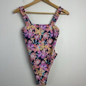 NWT Cupshe Womens‎ One Piece Swimsuit Small Floral Black Pink Orange
